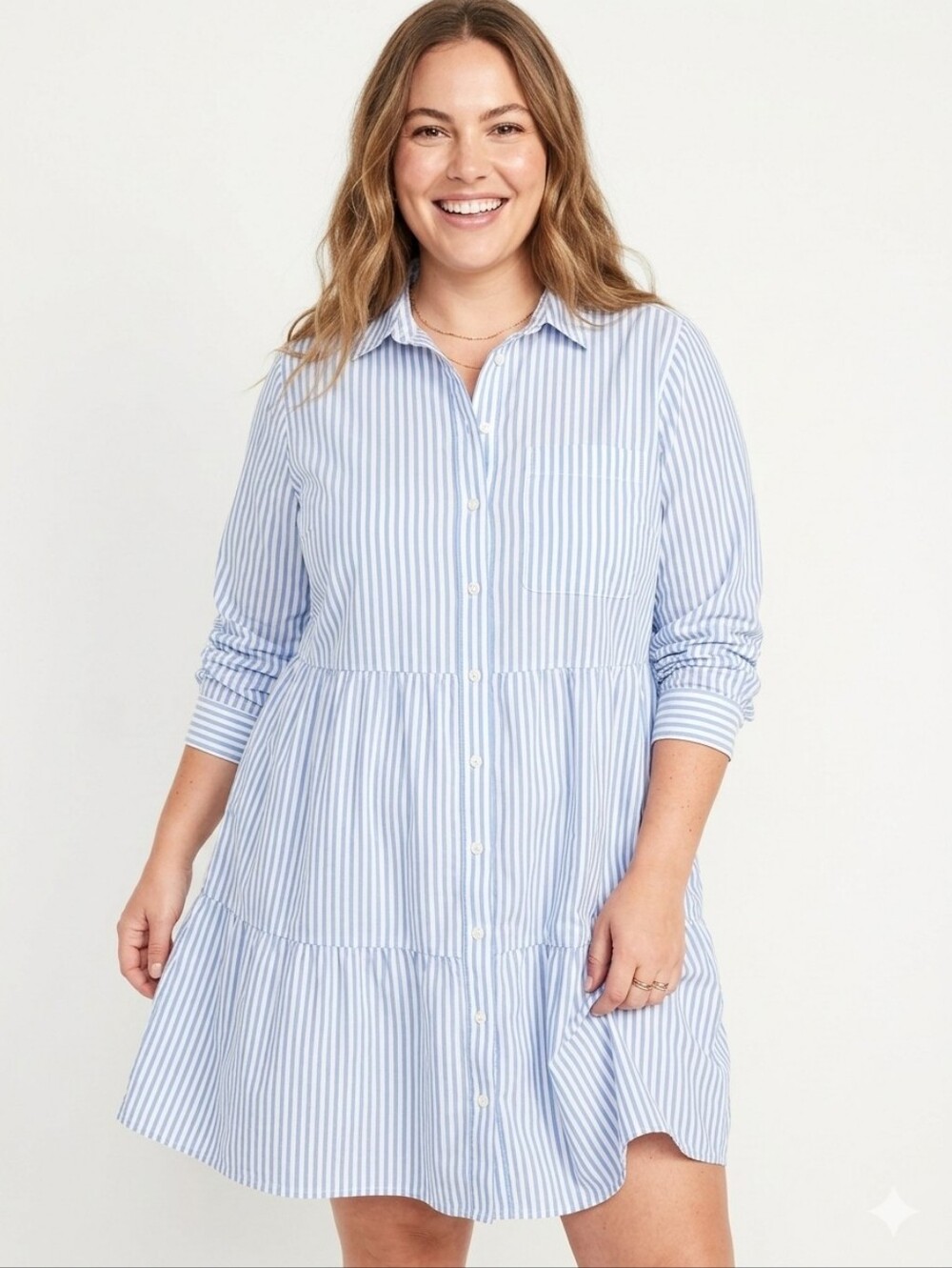 Beachlunchlounge Striped Tiered Shirt Dress - Blue & White - XL